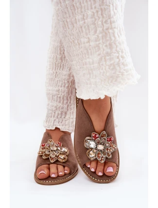 Sandały Damskie Na Płaskim Obcasie Z Ozdobą S.Barski KV27-001 Ciemnobeżowe