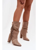Dámské kotníkové boty na podpatku s třásněmi a stahováním vyhřívané béžové Darlina