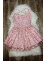 Spoločenské dámske šaty na ramienka krajkové s kolovou sukňou ružové - Ružová / L - Sherri