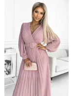 414-2 KLARA plisované šaty s opaskom a výstrihom - púdrovo ružové