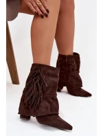 Dámské kotníkové boty na podpatku s třásněmi a zlatými přezkami čokoládové Evelisse