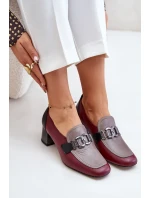 Skórzane Czółenka Na Słupku Ze Złotą Ozdobą Laura Messi 2861 Bordowe