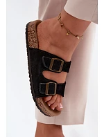 Semišové pantofle na korkové podrážce s přezkami Černé Tavira