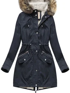 Dámska bunda s kapucňou a medvedíkom tmavomodrá (7602BIG)