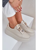 Damskie Skórzane Sneakersy Na Platformie Z Ozdobami CheBello 4292 Jasnobeżowe