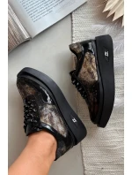 Skórzane Sznurowane Półbuty Damskie Na Platformie Artiker 57C2042 Czarno-Złote