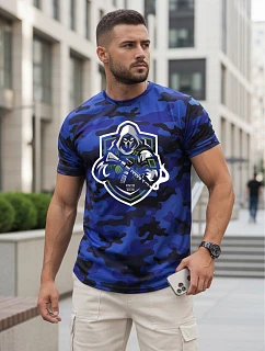 Pánske klasické tričko s kamuflážovým vzorom a potlačou, modré, FashionStreet NX2003R