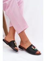 Klapki Damskie Na Płaskim Obcasie Z Ozdobą Czarne Clelione