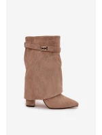 Ocieplane Botki Damskie Na Słupku Z Ozdobnym Paskiem Khaki Luvielle