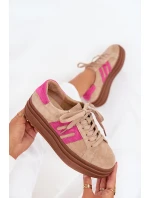 Sneakersy Damskie Na Platformie Z Naturalnego Zamszu Beżowo-Różowe Eldira