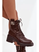 Skórzane Botki Workery Damskie Na Klocku Z Ozdobnym Detalem Artiker 57C0213 Brązowe