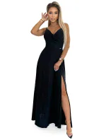 299-18 CHIARA elegantné maxi dlhé šaty bez ramienok - ČIERNE S BROKEROM