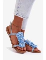Dámské Sandály Ploché Modré Ozdobné Květiny Noemia