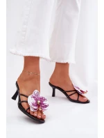 Klapki Damskie Na Szpilce Ze Sztucznym Kwiatem Czarne Reyi