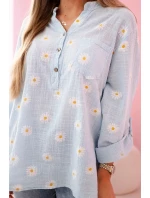 Dámska ľanová blúzka s kvetinovým vzorom, dlhými rukávmi a gombíkmi Modrá