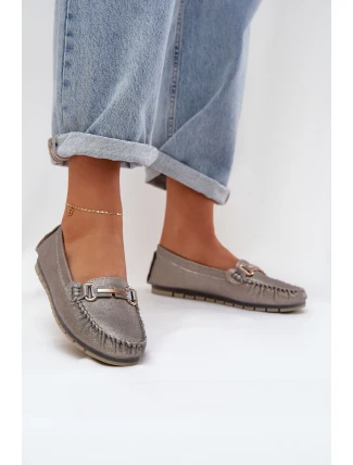 Brokatowe Płaskie Mokasyny Ze Skóry Naturalnej D&A LR51-546 Srebrne