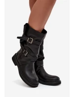 Marszczone Kozaki Damskie Do Połowy Łyski Z Paskami I Klamrami Czarne Halvessa