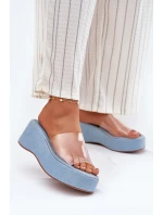 Klapki Damskie Z Transparentnym Paskiem Na Koturnie Jeansowe Meltiana