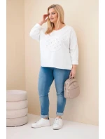 Dámske bavlnené Plus veľkosť V-neck blúzka biela