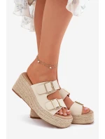 Klapki Damskie Na Koturnie Z Plecionką I Klamrami Beżowe Pasinea