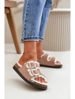 Damskie Kapcie Klapki Z Klamrami I Futerkiem Beżowe Ezilena