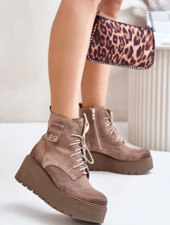 Zazoo 60499 Zamszowe Damskie Botki Na Platformie I Koturnie Ocieplane Beżowe