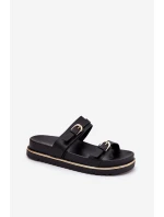 Klapki Damskie Gładkie Na Platformie Z Paskami I Klamrami Czarne Ziferte