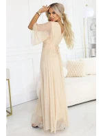 654-2 Dlhé trblietavé plus size šaty s výstrihom a priehľadnými rukávmi - šampanská béžová