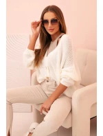 Dámsky sveter s výstrihom do V a gombíkmi v odtieni ecru