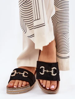 Klapki Damskie Na Platformie Ze Złotą Ozdobą I Brokatem Czarne Morisela