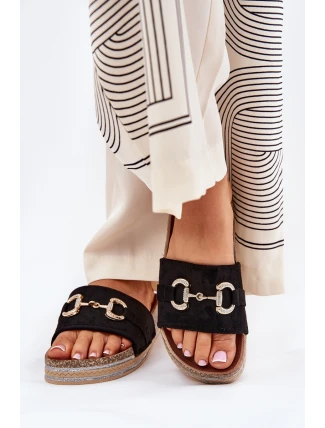 Klapki Damskie Na Platformie Ze Złotą Ozdobą I Brokatem Czarne Morisela