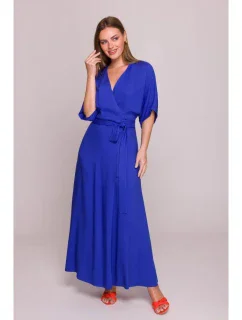 S406 Viskózové maxi šaty so zavinovacím vzorom - modré