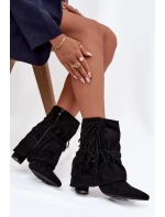 Botki Damskie Na Słupku Z Frędzlami I Złotymi Klamrami Czarne Evelisse