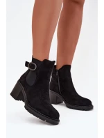 Ocieplane Botki Damskie Na Słupku Z Ozdobną Klamrą Czarne Melara