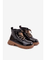 Zateplená detská lakovaná členková obuv s prackou medveď čierna Jovellea Zateplená detská lakovaná členková obuv s prackou medveď čierna Jovellea