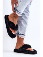 Damskie Futrzane Klapki Papcie Czarne Elma