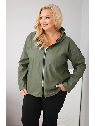 Dámska bunda vo veľkosti Plus Size s kapucňou a nastaviteľným spodným okrajom v khaki farbe
