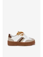 Sneakersy Damskie Na Platformie Z Podwójnym Sznurowaniem Panterka Białe Niteria