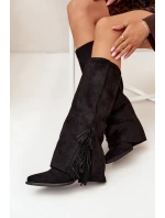 Wsuwane Kozaki Kowbojki Damskie Na Słupku Z Frędzlami Czarne Zalia