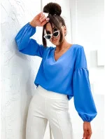 Svetlomodrá elegantná dámska blúzka s ozdobnými rukávmi (698) Svetlomodrá elegantná dámska blúzka s ozdobnými rukávmi (698)