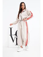 Dámska bavlnená súprava s oversized nohavicami a kontrastnými pruhmi, béžová