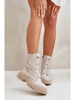 Ocieplane Botki Workery Damskie Na Zamek Eko Skórzane Jasnobeżowe Mailyra