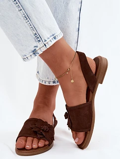 Kožené semišové sandály na nízkém podpatku s ozdobným květem Zazoo 407471 Čokoládové