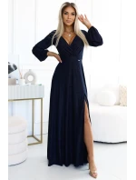 572-1 Dlhé trblietavé šaty NELA s výstrihom a dlhými rukávmi - ZELENÉ