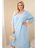 Dámske Plus veľkosť bavlnený mušelín V-neck šaty modrá