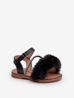 Sandałki Dziecięce Na Rzep Z Futerkiem Czarne Rosavere