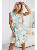 296-15 VICTORIA Trapézové letné šaty vo farebných vlnách - citrónovo modré