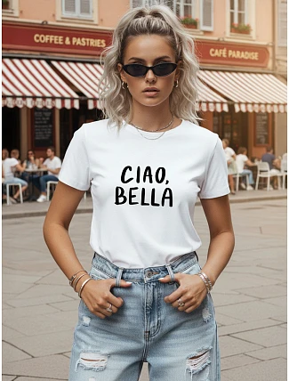 Dámske tričko s nápisom CIAO BELLA, biele, FashionStreet NX8009RY Dámske tričko s nápisom CIAO BELLA, biele, FashionStreet NX8009RY