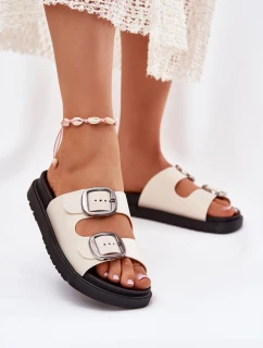 Klapki Damskie Z Klamrami Na Platformie Beżowe Elamas