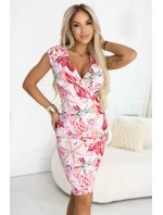 379-6 BOYKA Priliehavé midi šaty s obálkovým výstrihom - biele s ružovými kvetmi